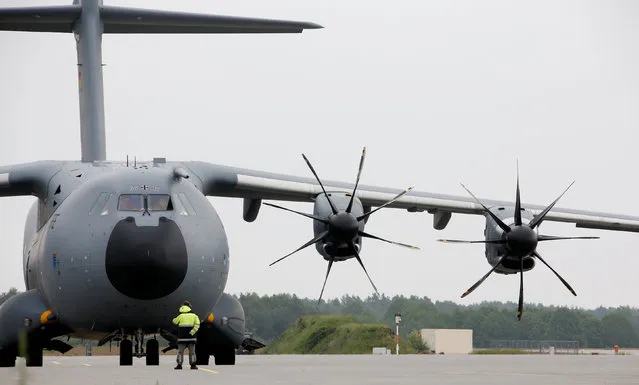 The engines of an Airbus A400M military aircraft of the German Air Force are seen during a drill for the upcoming ILA Berlin Air Show at Holzdorf Air Base, south of Berlin, Germany, May 25, 2016. (Photo by Fabrizio Bensch/Reuters)