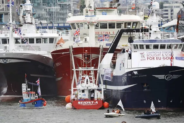 Remain campaigners in dinghies try to disrupt a demonstration by a flotilla of fishing vessels campaigning to leave the European Union on the river Thames in London, Britain June 15, 2016. (Photo by Stefan Wermuth/Reuters)