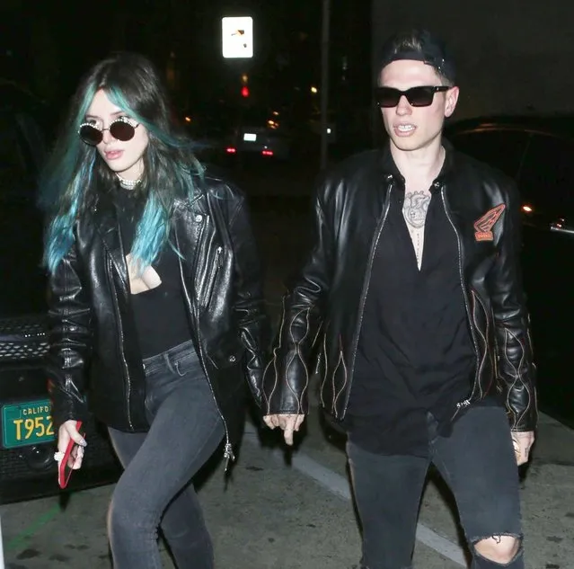 Bella Thorne rocks a s*xy cut-out top, exposing her cleavage while donning matching leather jackets with Benjamin Mascolo. The couple enjoy a romantic evening out at Craig's for a Valentine's Day dinner in West Hollywood on Friday, February 14, 2020. (Photo by Perez/X17/SIPA Press)