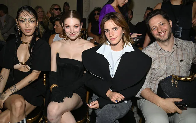 (L to R) Japanese-British singer-songwriter and model Rina Sawayama, American fashion model Hunter Schafer, English actress Emma Watson and American journalist, socialite, author and television personality who works in the fashion industry Derek Blasberg attend the Schiaparelli Haute Couture Fall Winter 2022 2023 show as part of Paris Fashion Week  on July 04, 2022 in Paris, France. (Photo by Pascal Le Segretain/Getty Images)