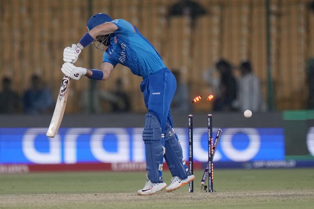 Afghanistan's Ibrahim Zadran is bowled out by South Africa's Kagisco Rabada during the ICC Champions Trophy cricket match between Afghanistan and South Africa, in Karachi, Pakistan Friday, February 21, 2025. (Photo by Anjum Naveed/AP Photo)