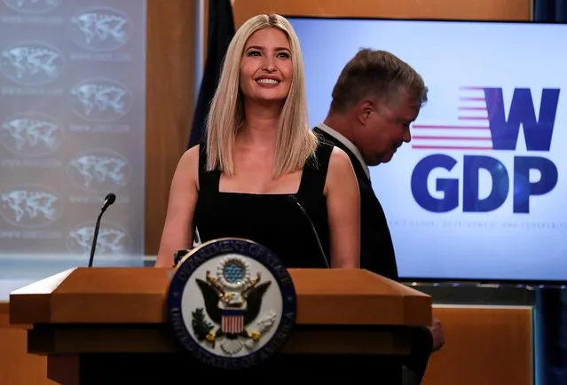White House senior advisor Ivanka Trump takes to the podium as she arrives with Deputy Secretary of State Stephen Biegun during a Women's Global Development and Prosperity (W-GDP) online event to celebrate the launch of the W-GDP's Initiative Pillar Three Action Plans and U.S. Agency for International Development (USAID) Fund at the State Department in Washington, U.S., August 11, 2020. (Photo by Carlos Barria/Reuters)