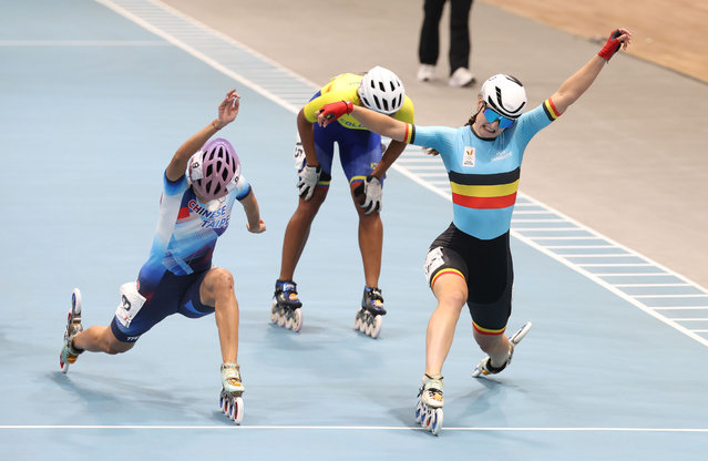 Belgian Fran Vanhoutte celebrates as she crosses the finish line at the finals of the women's 500m +D speed skating event, at the World Games 2025, in Chenghdu, China, on Thursday 14 August 2025. This year, the World Games take place from 7 to 17 August. (Photo by Rex Features/Shutterstock)