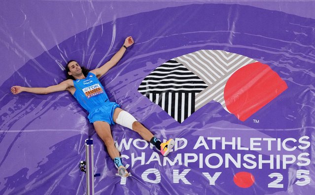 Italy's Gianmarco Tamberi reacts after failing to qualify in the Men's High Jump Qualification on September 14, 2025. (Photo by Fabrizio Bensch/Reuters)