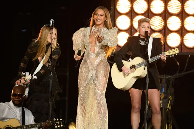 Emily Robison, Beyonce and Natalie Maines at the 50th Annual CMA Awards, hosted by Brad Paisley and Carrie Underwood, broadcasts live from the Bridgestone Arena in Nashville, Wednesday, November 2 (8:00-11:00 p.m. EDT), on the ABC Television Network. (Photo by Image Group LA/ABC via Getty Images)