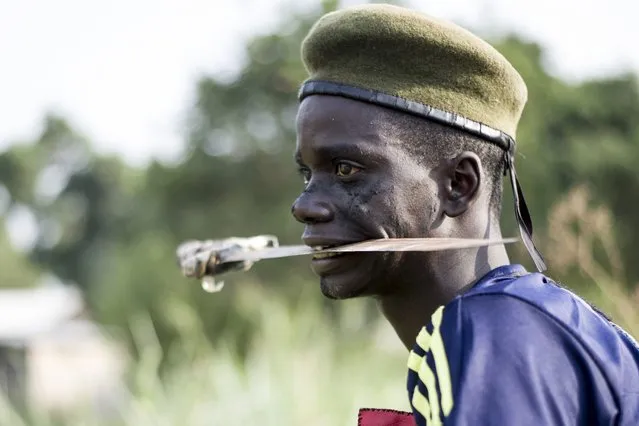 A member of the mainly Christian “anti-balaka” (anti-machete) militia holds a blade in his mouth as he trains in the Boeing neighbourhood of Bangui, Central African Republic, on February 24, 2014. Two Chadian soldiers, three Muslim civilians and two Christian militiamen were killed in another weekend of violence in Bangui but France's top commander on February 24 denied claims of ethnic cleansing. Paris sent troops to the Central African Republic in December 2013 amid talk of an impending genocide as sectarian unrest escalated in the aftermath of a coup. (Photo by Fred Dufour/AFP Photo)