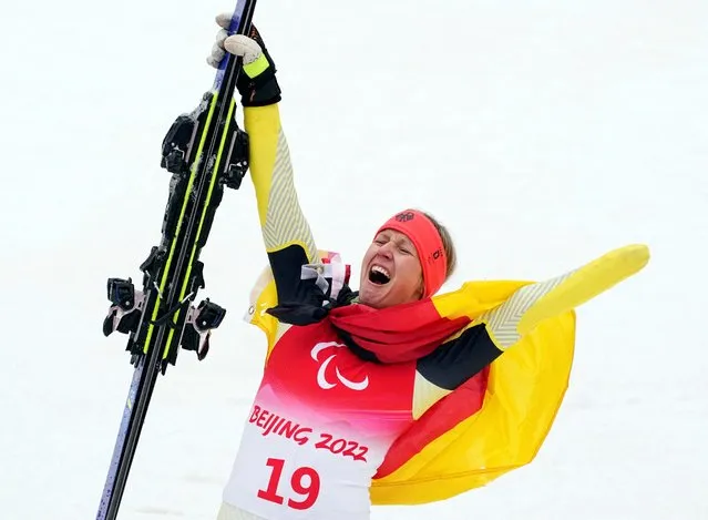 Bronze medallist Andrea Rothfuss of Team Germany reacts after competing in the Women's Giant Slalom Standing during day seven of the Beijing 2022 Winter Paralympics at Yanqing National Alpine Skiing Centre on March 11, 2022 in Yanqing, China. (Photo by Aly Song/Reuters)