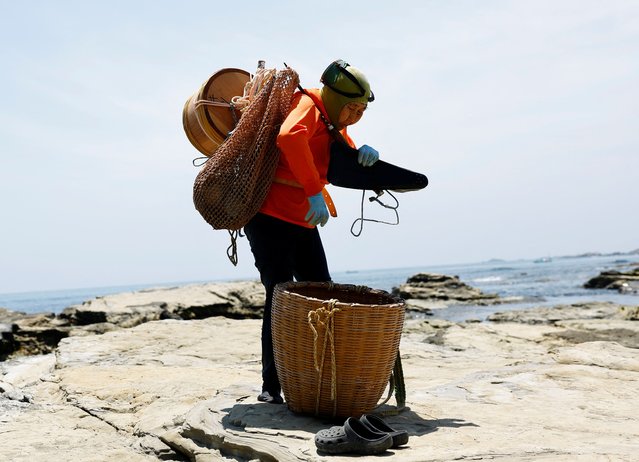 Sanae Kiso, 77-year-old “Ama”, a female free diver, who harvests sea life from the ocean, carries her tools after diving to collect abalones in Minamiboso, Chiba Prefecture, Japan pn July 18, 2024. (Photo by Kim Kyung-Hoon/Reuters)