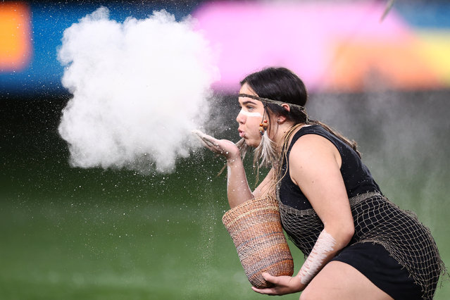 A traditional welcome ceremony prior to the FIFA Women's World Cup Australia & New Zealand 2023 Group D match between China and England at Hindmarsh Stadium on August 01, 2023 in Adelaide / Tarntanya, Australia. (Photo by Naomi Baker – The FA/The FA via Getty Images)