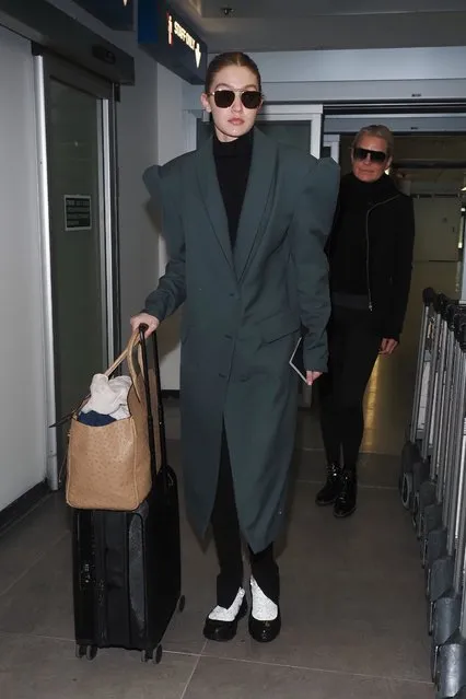 Gigi Hadid and her mother Yolanda Hadid arriving at Milan Linate airport on February 17, 2020 in Milan, Italy. (Photo by Laurent Vu/SIPA Press)