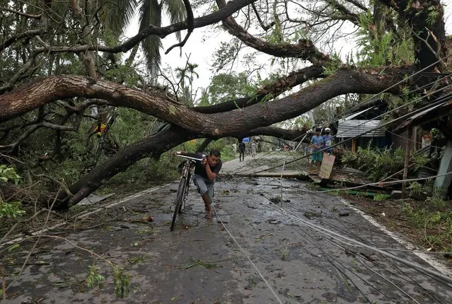 A man walks with his bicycle under an uprooted tree after Cyclone Amphan made its landfall, in South 24 Parganas district, in the eastern state of West Bengal, India, May 21, 2020. (Photo by Rupak De Chowdhuri/Reuters)