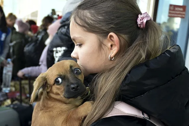 A girl, an evacuee from Kherson, holds her dog as she arrives at the railway station in Dzhankoi, Crimea, on Wednesday, November 2, 2022. (Photo by AP Photo/Stringer)