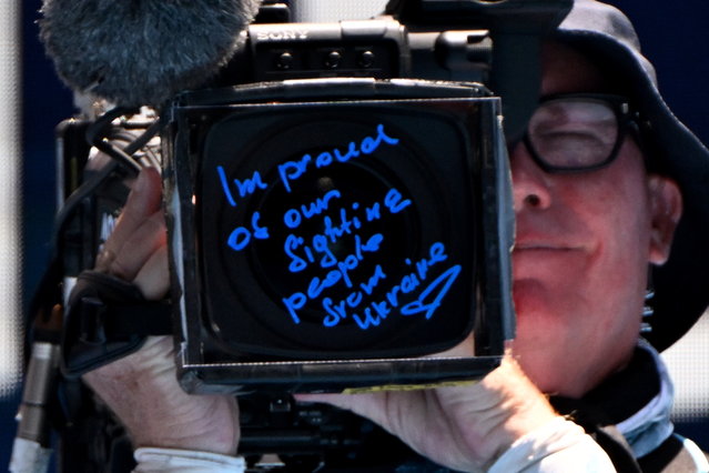 A view of a message written on the front of a camera by Dayana Yastremska of Ukraine, which reads: “I’m proud of our fighting people from Ukraine” following her Quaterfinal win against Linda Noskova of Czech Republic on Day 11 of the 2024 Australian Open at Melbourne Park in Melbourne, Australia, 24 January 2024. (Photo by James Ross/EPA)