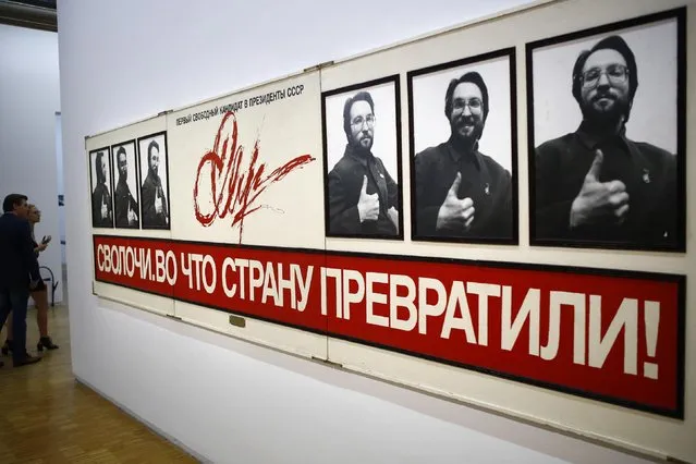 In this photo dated Monday, September 12, 2016 “Campagne Presidentielle, 1988” by Sergei Mironenko (1959) is displayed as part of the presentation of the Kollektsia exhibition dedicated to Russian contemporary art at Beaubourg Museum in Paris, France. One of the richest oligarchs in Russia, Vladimir Potanin, is donating over 250 works of Russian and Soviet art to France national modern art museum, the Pompidou Center, to promote cultural understanding. (Photo by Francois Mori/AP Photo)