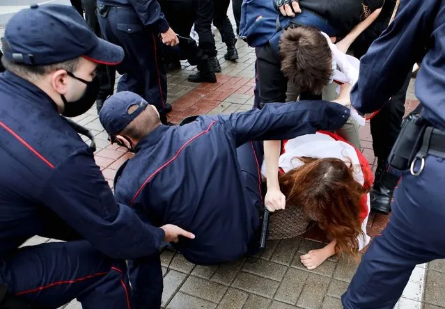 Police detain students during a protest against presidential election results in Minsk, Belarus, Tuesday, September 1, 2020. (Photo by Tut.By via AP Photo)