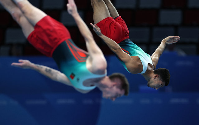 Portugal's Gabriel Albuquerque and Lucas Santos in action during the synchronised trampoline at the the World Games in Chengdu, China on August 6, 2025. (Photo by Go Nakamura/Reuters)