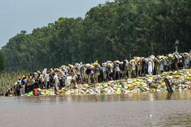 Villagers build an embankment after a rise in the water level of the Ravi River following heavy monsoon rains in the Ghonewala village near Punjab's Amritsar on September 8, 2025. Flooding across the northwestern Punjab killed at least 29 people and affected over 250,000 last month, with the state's chief minister calling it “one of the worst flood disasters in decades”. (Photo by Narinder Nanu/AFP Photo)