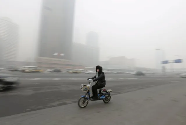 A woman wearing a mask cycles amid heavy smog in Beijing's Guomao area, China, November 30, 2015. (Photo by Jason Lee/Reuters)