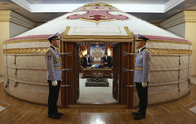 Russian President Vladimir Putin, center left, and Mongolian President Ukhnaagiin Khurelsukh attend their meeting at the Saaral Ordon Government Building in Ulaanbaatar, Mongolia, Tuesday, September 3, 2024. (Photo by Vyacheslav Prokofyev, Sputnik, Kremlin Pool Photo via AP Photo)