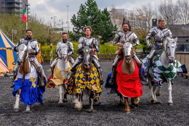 Picture shows international jousters from Norway, England Sweden and Portugal practice for the International Jousting Tournament at the Royal Armouries in West Yorkshire, United Kingdom on April 14, 2022. (Photo by Charlotte Graham/CAG Photography Ltd)