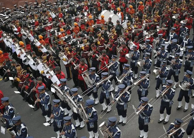 Members of the Indian military band rehearse for the “Beating the Retreat” ceremony in New Delhi, India, January 27, 2016. (Photo by Anindito Mukherjee/Reuters)