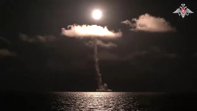In this photo released by Russian Defense Ministry Press Service on Sunday, November 5, 2023, The Emperor Alexander III nuclear submarine of the Russia navy test-fires a Bulava intercontinental ballistic missile from the White Sea. The Defense Ministry said the missile's warheads successfully reached designated practice targets on the Kura range on the far-eastern Kamchatka Peninsula. (Photo by Russian Defense Ministry Press Service via AP Photo)
