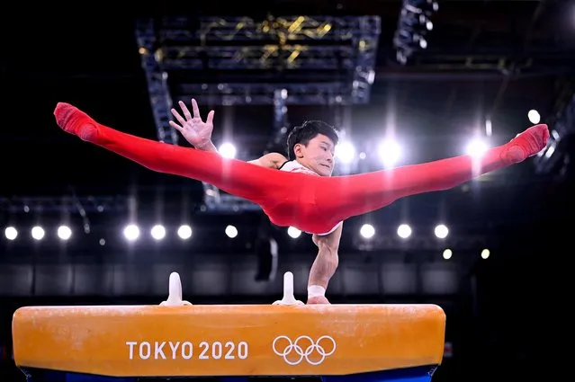 Takeru Kitazono of Japan plays pommel horse of men's team artistic gymnastics on day three of the Tokyo 2020 Olympic Games at Ariake Gymnastics Centre on July 26, 2021 in Tokyo, Japan. (Photo by Dylan Martinez/Reuters)