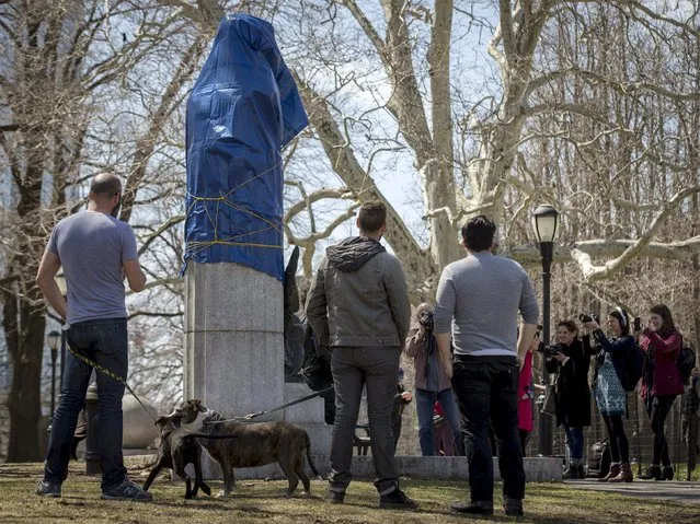 People gather around a covered large molded bust of Edward Snowden at Fort Greene Park in the Brooklyn borough of New York April 6, 2015. (Photo by Brendan McDermid/Reuters)