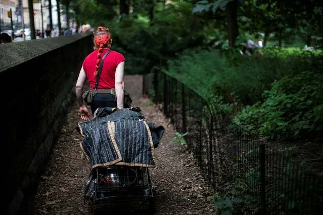 Luke Reich, 28, from Brooklyn pushes his cart with medieval armor to take part in some combats at Central Park in New York, U.S., August 14, 2021. (Photo by Eduardo Munoz/Reuters)