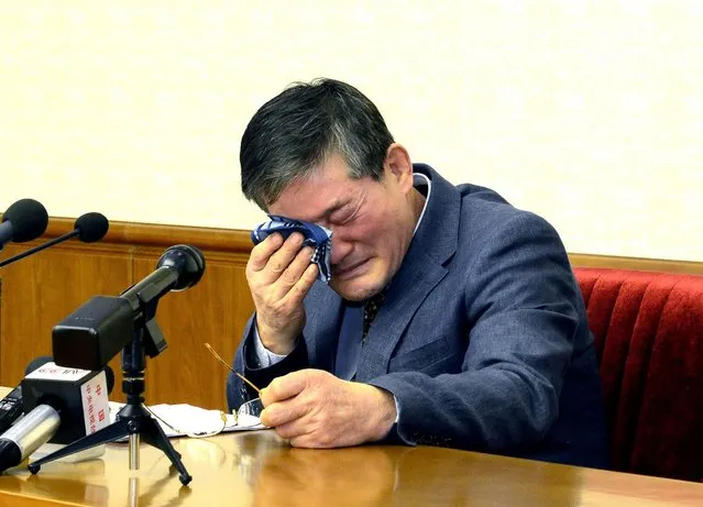This picture released from North Korea's official Korean Central News Agency (KCNA) on March 25, 2016, shows Kim Dong-Chul, a Korean-American as he addresses a news conference in Pyongyang. A Korean-American detained in North Korea admitted to attempting to steal military secrets as he was paraded in front of media groups in Pyongyang. Kim Dong-Chul, 62, who became a naturalised US citizen in 1987 and was arrested on espionage charges in October last year, pleaded for mercy during his carefully orchestrated confession, Japan's Kyodo news agency reported. (Photo by AFP Photo/KCNA)