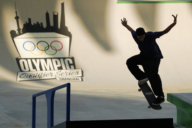 Argentina's Mauro Iglesias competes in the Skateboarding Men's Street Preliminaries for the 2024 Olympic Qualifier Series held in Shanghai, Thursday, May 16, 2024. (Photo by Ng Han Guan/AP Photo)