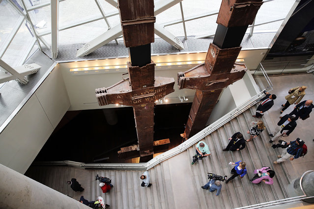 The salvaged tridents from the World Trade Center are viewed during a preview of the National September 11 Memorial Museum on May 14, 2014 in New York City. The long awaited museum will open to the public on May 21 following a six-day dedication period for 9/11 families, survivors, first responders ,workers, and local city residents. For the dedication period the doors to the museum will be open for 24-hours a day from May 15 through May 20. (Photo by Spencer Platt/Getty Images)