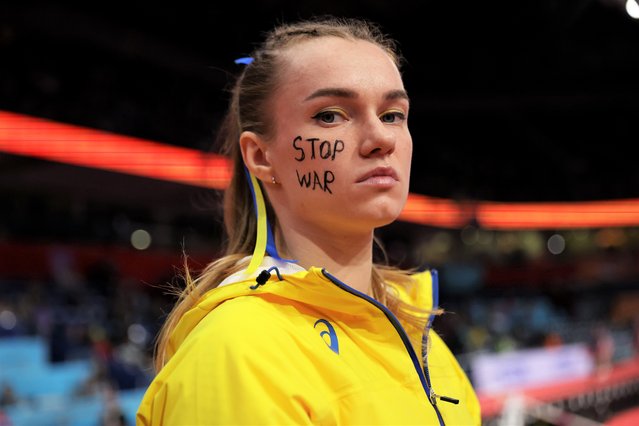 Yana Hladiychuk of Ukraine UKR looks on with a “Stop War” message on her face after the Women's Pole Vault on Day Two of the World Athletics Indoor Championships Belgrade 2022 at Belgrade Arena on March 19, 2022 in Belgrade, Serbia. (Photo by Maja Hitij/Getty Images for World Athletics)