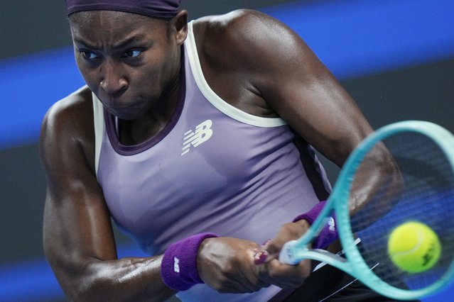 Coco Gauff of the United States returns a backhand shot to Katie Boulter of Great Britain during their women's singles match of the China Open tennis tournament, at the National Tennis Center in Beijing, Sunday, September 29, 2024. (Photo by Andy Wong/AP Photo)