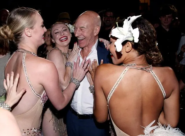 Patrick Stewart, center, and dancers attend the Los Angeles premiere of “Blunt Talk” presented by Starz at the Chateau Marmont on Monday, August 10, 2015, in Los Angeles. (Photo by Matt Sayles/Invision for STARZ Entertainment/AP Images)