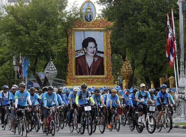 Cyclists pass by a portrait of Queen Sirikit in Bangkok, Thailand, Sunday, August 16, 2015. Thousands of cyclists pedaled through the streets of the Thai capital Sunday led by the country's crown prince on a 43-kilometer (26-mile) tribute to his mother, Queen Sirikit, to mark her 83rd birthday. (Photo by Sakchai Lalit/AP Photo)