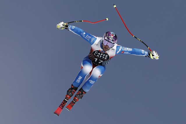 France's Maxence Muzaton is airborne as he speeds down the course during an alpine ski, men's World Cup downhill training, in Crans Montana, Switzerland, Friday, February 21, 2025. (Photo by Gabriel Facciotti/AP Photo)