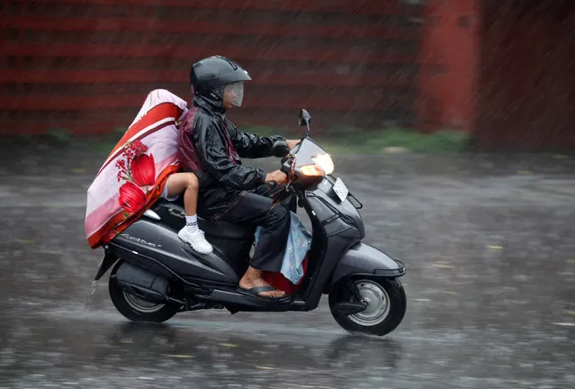 A schoolboy covers himself with a towel as he travels on a motorcycle with his father during heavy rain in Chandigarh, India, August 20, 2016. (Photo by Ajay Verma/Reuters)