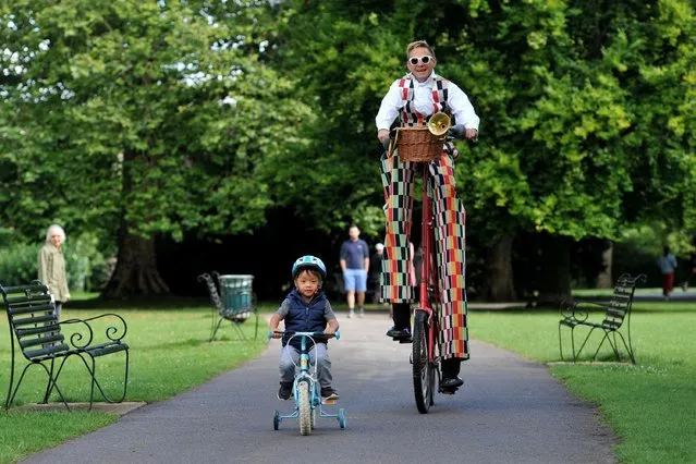 Thomas Trilby, a stilt performer from Cheltenham, England gets some essential practice in before restrictions on outdoor performances are lifted today, July 11, 2020. (Photo by Mikal Ludlow/The Times)