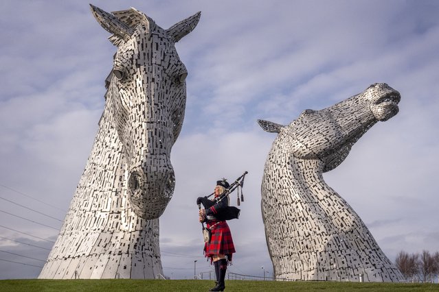 Scotland's National Piper Louise Marshall plays at The Kelpies in Falkirk, UK ahead of International Bagpipe Day on March 10 on Friday, March 7, 2025. (Photo by Jane Barlow/PA Wire)