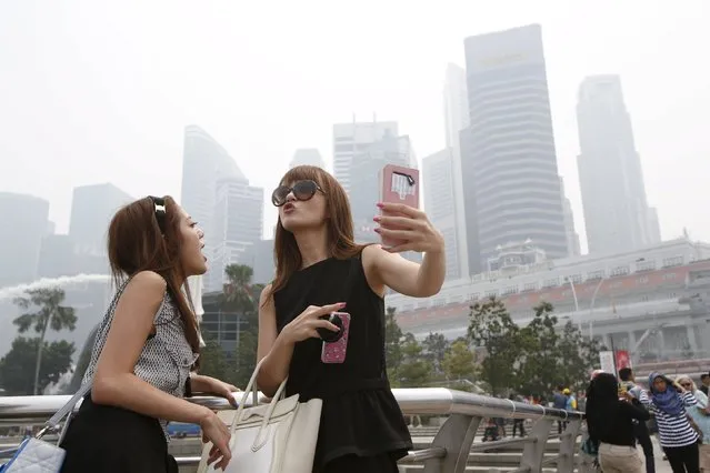 Tourists take photos with the landmarks of the central business district shrouded by haze at Merlion Park in Singapore September 24, 2015. (Photo by Edgar Su/Reuters)
