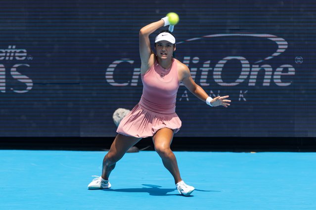 Emma Raducanu of Great Britain in action against Aryna Sabalenka of Belarus in the third round of the women's singles at Cincinnati at the Lindner Family Tennis Center on August 11, 2025 in Mason, Ohio. (Photo by Frey/TPN/Getty Images)