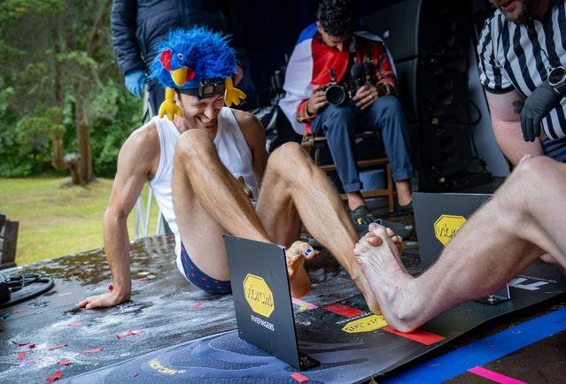 The World Toe Wrestling Championship 2025 held in Ashbourne, Derbyshire, UK on August 30, 2025. French competitor “Kylian Mbappied” from Paris in the qualifying heats. (Photo by Paul Tonge/The Times)