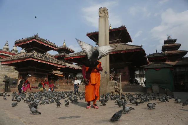 A Nepalese monk waits for alms surrounded by pigeons in Basantapur Durbar Square, Kathmandu, Nepal, Monday, February 26, 2018. Basantapur Durbar Square is the plaza in front of the royal palace, a UNESCO World Heritage site, frequented by tourists. (Photo by Niranjan Shrestha/AP Photo)