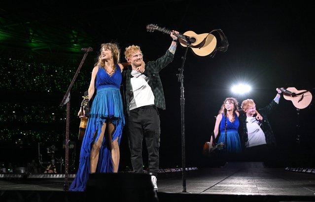 Singers Taylor Swift and Ed Sheeran perform together during a Swift concert at London’s Wembley Stadium on Thursday, August 15, 2024. It was her first time on stage since a thwarted terror attack led to the cancellation of three shows in Vienna, Austria. (Photo by Gareth Cattermole/TAS24/Getty Images)