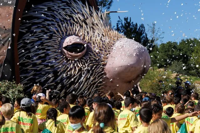 A world record-sized puppet, Percy the Porcupine, built to promote a new area at the San Diego Zoo, is unveiled to school children in Los Angeles, California, U.S., March 1, 2022. (Photo by Mike Blake/Reuters)