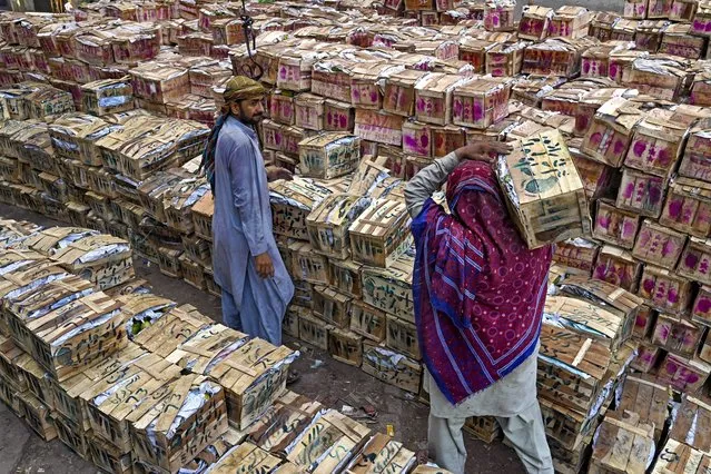 A labourer carries a mango crate at a market in Lahore on June 9, 2023. (Photo by Arif Ali/AFP Photo)