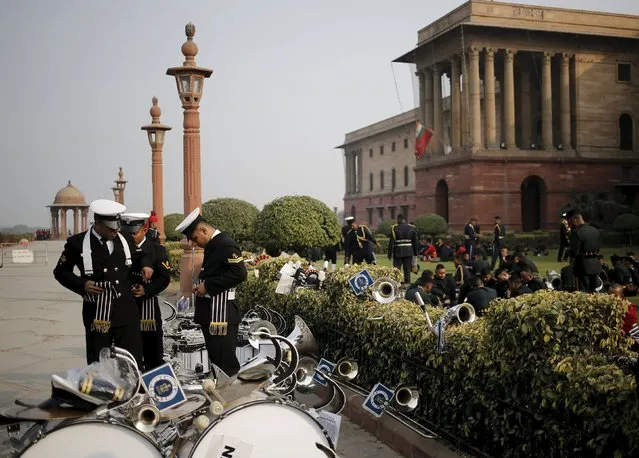 Members of the Indian military band prepare to take part in a rehearsal for the “Beating the Retreat” ceremony in New Delhi, India, January 27, 2016. (Photo by Anindito Mukherjee/Reuters)