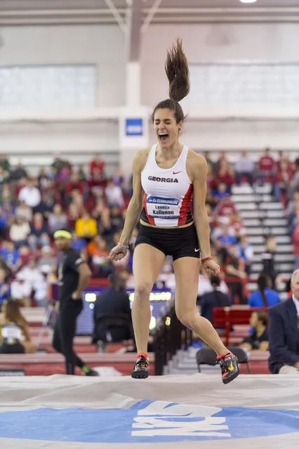Georgia athlete Leontia Kallenou celebrates after jumping over the bar and winning the high jump event during the NCAA indoors track and field national championships Friday, March 13, 2015, in Fayetteville, Ark. (Photo by Gareth Patterson/AP Photo)