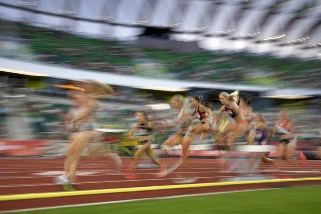 Runners compete in the women's 3000-meter steeplechase at the U.S. Olympic Track and Field Trials Thursday, June 24, 2021, in Eugene, Ore. (Photo by Ashley Landis/AP Photo)